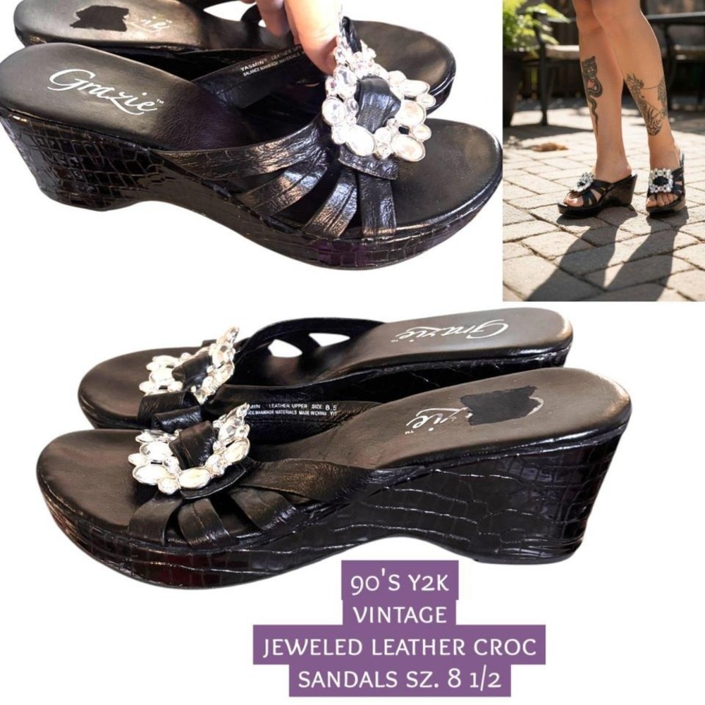 90's y2k vintage black leather‎ croc jeweled sandals size 8.5